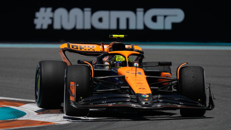 McLaren driver Lando Norris of Britain steers his car during the practice session for the Formula One Miami Grand Prix auto race, Friday, May 3, 2024, in Miami. (AP Photo/Rebecca Blackwell)