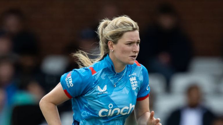England's Lauren Bell in delivery stride during the 1st Women's Metro Bank ODI match between England and Pakistan at The County Ground on May 23, 2024 in Derby, England. (Photo by Andy Kearns/Getty Images)