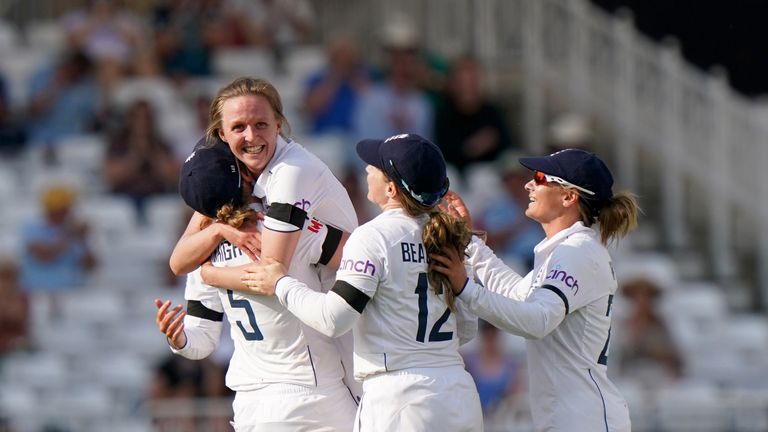 England's Lauren Filer (second left) celebrates taking the wicket of Australia's Ellyse Perry during day one of the first Women's Ashes Test match at Trent Bridge