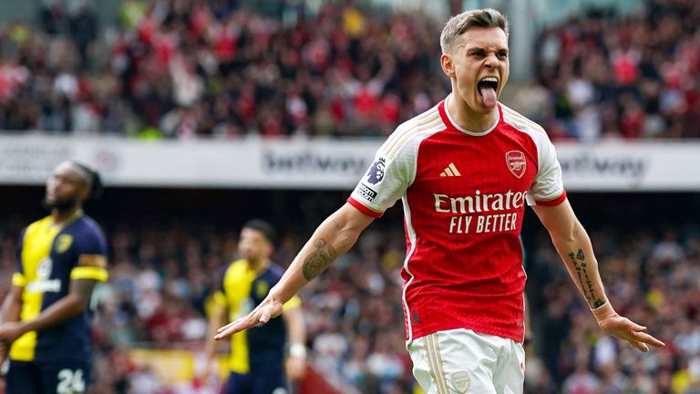 Leandro Trossard celebrates after doubling Arsenal's lead