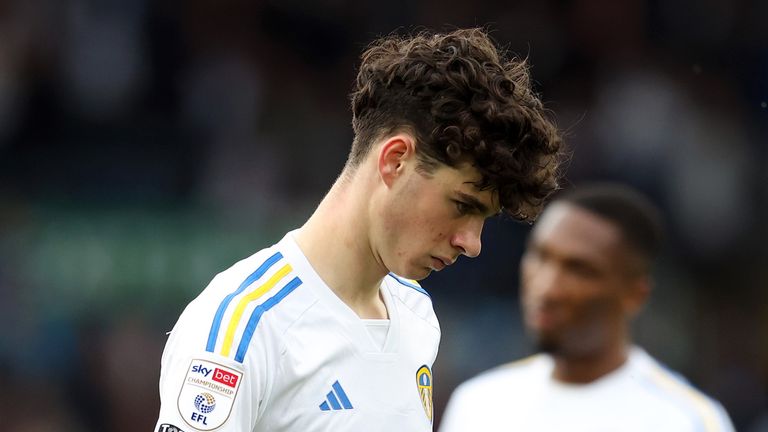 LEEDS, ENGLAND - MAY 04: Archie Gray of Leeds United looks dejected following the Sky Bet Championship match between Leeds United and Southampton FC at Elland Road on May 04, 2024 in Leeds, England. (Photo by Ed Sykes/Getty Images)