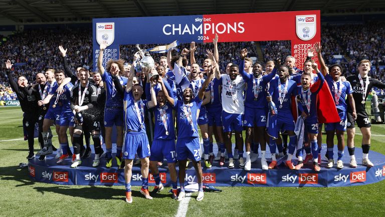 Leicester City players celebrate with the league trophy after the Sky Bet Championship match at the King Power Stadium, Leicester. Picture date: Saturday May 4, 2024.