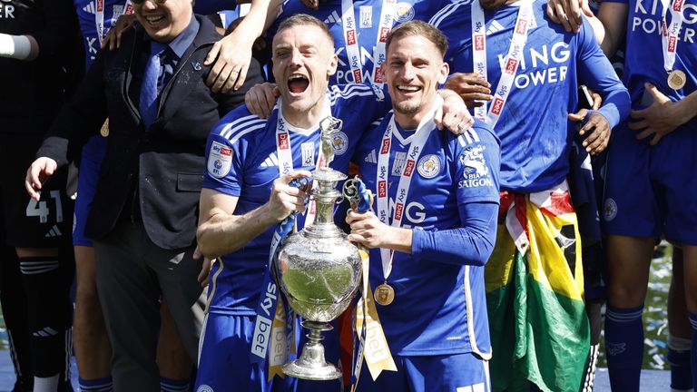 Leicester City's Jamie Vardy (left) and Marc Albrighton celebrate with the league trophy after the Sky Bet Championship match at the King Power Stadium, Leicester. Picture date: Saturday May 4, 2024.