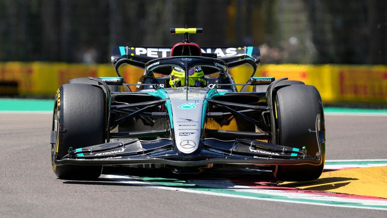 Mercedes driver Lewis Hamilton of Britain steers his car during the first free practice at the Dino and Enzo Ferrari racetrack in Imola, Italy, Friday, April 17, 2024. The Italy's Emilia Romagna Formula One Grand Prix will be held on Sunday. (AP Photo/Antonio Calanni)