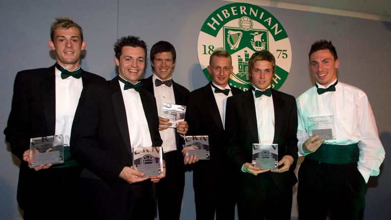 30/04/06 .EASTER ROAD - EDINBURGH.Hibs players proudly show off their awards at the end of season awards dinner. From left to right, Steven Fletcher (Best Goal), Ivan Sproal (Best Game), Gary Caldwell (Player of the Year and Best Defender), Derek Riordan (Best Striker), Lewis Stevenson (Best Young Player) and Scott Brown (Best Midfielder).