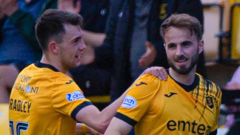 LIVINGSTON, SCOTLAND - MAY 11: Livingston's Andrew Shinnie celebrates scoring to make it 2-1 during a cinch Premiership match between Livingston and St Johnstone at the Tony Macaroni Arena, on May 11, 2024, in Livingston, Scotland. (Photo by Sammy Turner / SNS Group)