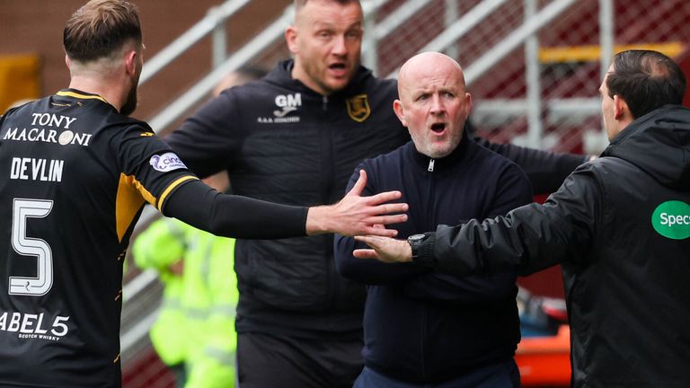 MOTHERWELL, SCOTLAND - MAY 04: Livingston manager David Martindale complains to the fourth official during a cinch Premiership match between Motherwell and Livingston at Fir Park, on May 04, 2024, in Motherwell, Scotland. (Photo by Ross MacDonald / SNS Group)