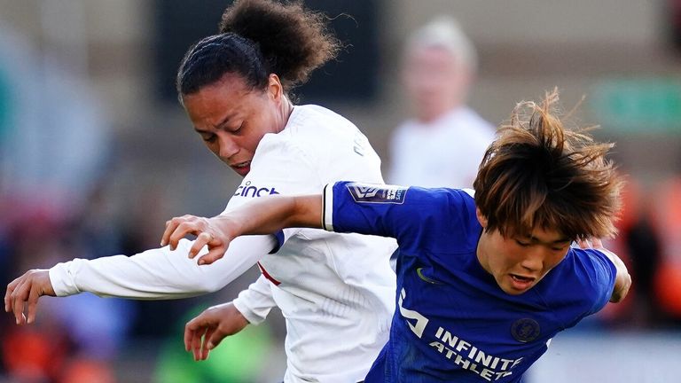 Chelsea...s Maika Hamano in action against Tottenham Hotspur's Drew Spence during the Barclays Women's Super League match at the Gaughan Group Stadium, London. Picture date: Wednesday May 15, 2024.