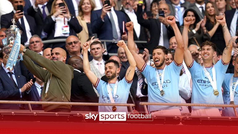 Manchester City manager Pep Guardiola lifts the Emirates FA Cup trophy following the Emirates FA Cup final at Wembley Stadium, London. Picture date: Saturday June 3, 2023.
