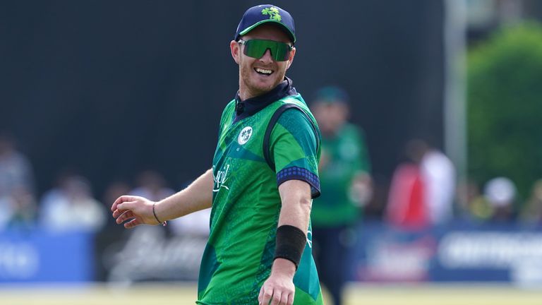 Ireland's Mark Adair reacts after catching out Pakistan's Babar Azam during the first T20 international at Castle Avenue Cricket Ground, Dublin. Picture date: Friday May 10, 2024.