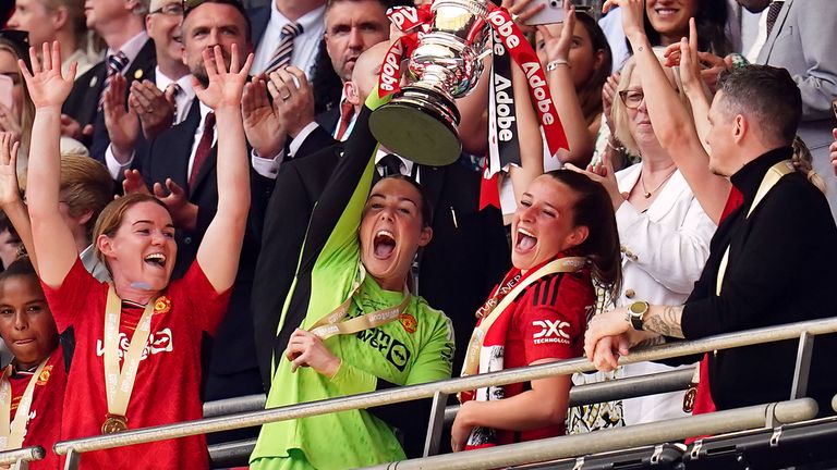 Mary Earps and Ella Toon enjoy the FA Cup trophy