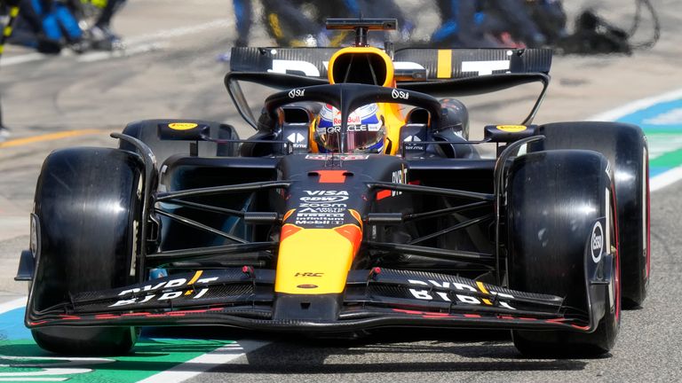 Red Bull driver Max Verstappen of the Netherlands steers his car after a pit service during the Italy's Emilia Romagna Formula One Grand Prix race at the Dino and Enzo Ferrari racetrack in Imola, Italy, Sunday, May 19, 2024. (AP Photo/Luca Bruno, Pool)