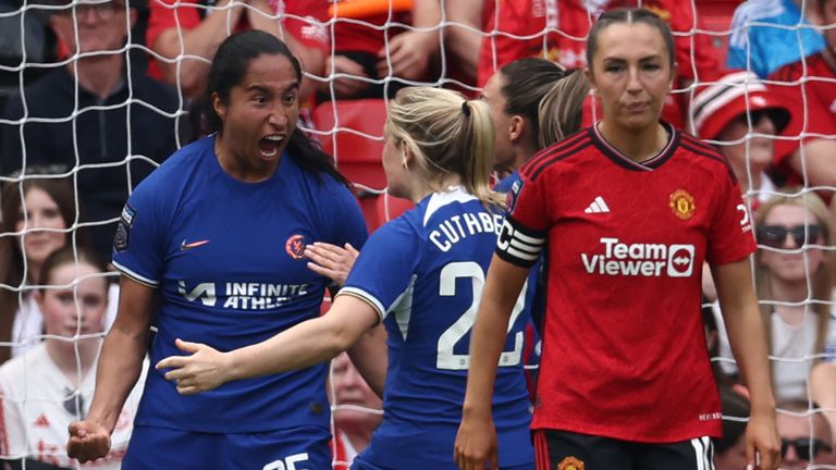 Mayra Ramirez (C) celebrates with team-mates after scoring the opening goal 