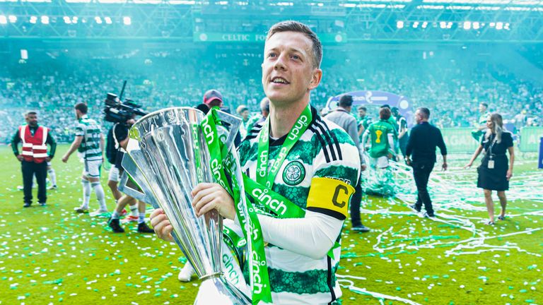 GLASGOW, SCOTLAND - MAY 18: Celtic's Callum McGregor with the cinch Premiership trophy during a cinch Premiership match between Celtic and St Mirren at Celtic Park, on May 18, 2024, in Glasgow, Scotland.  (Photo by Craig Foy / SNS Group)