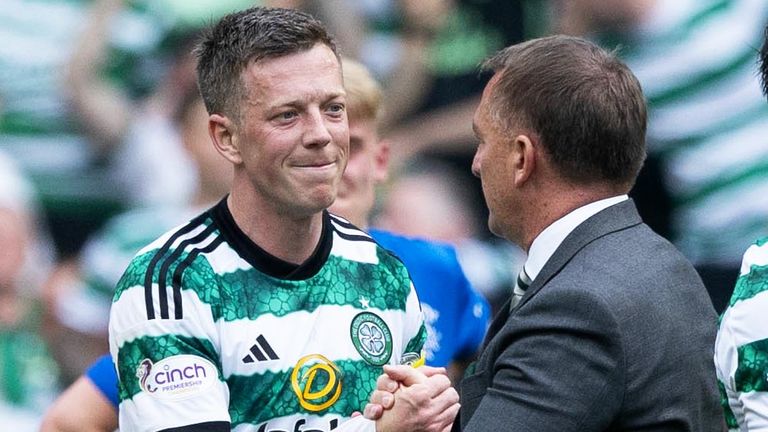 GLASGOW, SCOTLAND - MAY 11: Celtic Manager Brendan Rodgers and Callum McGregor at Full Time during a cinch Premiership match between Celtic and Rangers at Celtic Park, on May 11, 2024, in Glasgow, Scotland. (Photo by Craig Williamson / SNS Group)