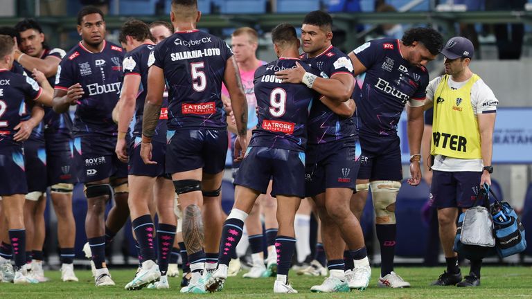 SYDNEY, AUSTRALIA - MARCH 29: Melbourne Rebels players celebrate winning the match during the Super Rugby Pacific match between NSW Waratahs and Melbourne Rebels at the Allianz Stadium on March 29, 2024 in Sydney, Australia. (Photo by Pete Dovgan/Speed Media/Icon Sportswire) (Icon Sportswire via AP Images)