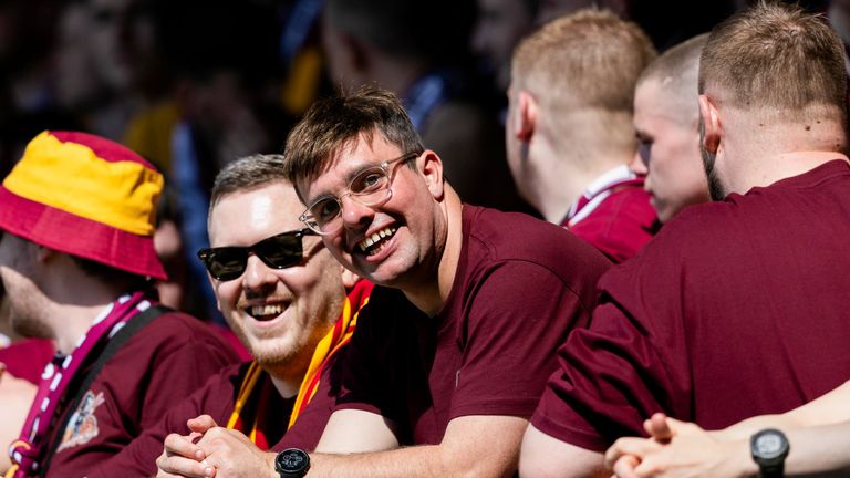MOTHERWELL, SCOTLAND - MAY 19: Motherwell fans during a cinch Premiership match between Motherwell and St Johnstone at Fir Park, on May 19, 2024, in Motherwell, Scotland.  (Photo by Craig Foy / SNS Group)