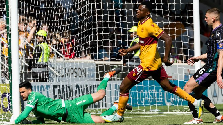 MOTHERWELL, SCOTLAND - MAY 19: Motherwell's Moses Ebiye scores to make it 2-1 during a cinch Premiership match between Motherwell and St Johnstone at Fir Park, on May 19, 2024, in Motherwell, Scotland.  (Photo by Craig Foy / SNS Group)
