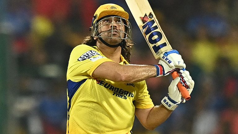 Chennai Super Kings' MS Dhoni plays a shot during the Indian Premier League (IPL) Twenty20 cricket match between Royal Challengers Bengaluru and Chennai Super Kings at the M Chinnaswamy Stadium in Bengaluru on May 18, 2024. (Photo by Idrees MOHAMMED / AFP) / -- IMAGE RESTRICTED TO EDITORIAL USE - STRICTLY NO COMMERCIAL USE --