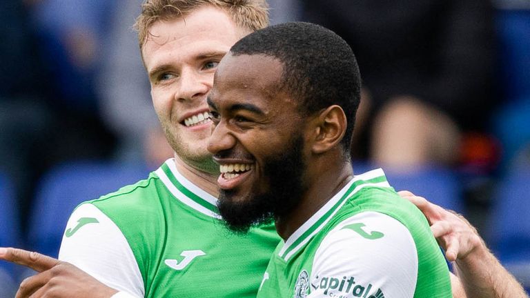DINGWALL, SCOTLAND - MAY 04: Hibernian's Myziane Maolida celebrates scoring to make it 1-0 with teammate Chris Cadden during a cinch Premiership match between Ross County and Hibernian at the Global Energy Stadium, on May 04, 2024, in Dingwall, Scotland. (Photo by Ross Parker / SNS Group)