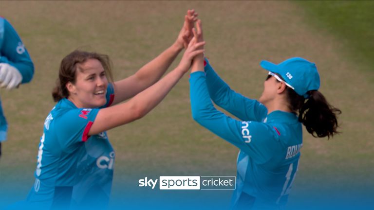 Nat Sciver-Brunt takes her second wicket of the game as Maia Bouchier takes another catch to make Muneeba Ali walk after 49 runs to stop a half-century for the Pakistani thumb 