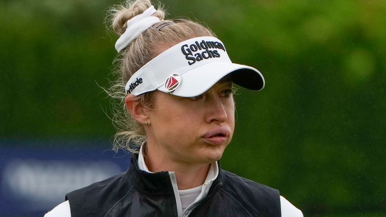 Nelly Korda reacts after missing a putt on the 14th green during the first round of the Mizuho Americas Open golf tournament, Thursday, May 16, 2024, in Jersey City, N.J. (AP Photo/Seth Wenig)