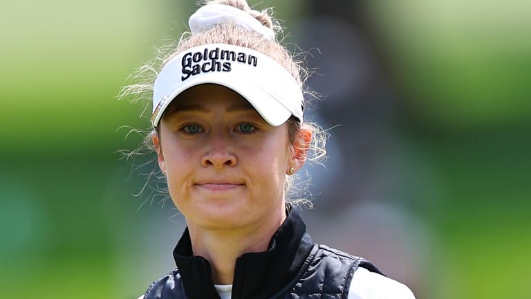 CLIFTON, NJ - MAY 11: Nelly Korda of the United States reacts after making a birdie putt on the third green during the third round of the Cognizant Founders Cup at Upper Montclair Country Club on May 11, 2024 in Clifton, New Jersey. (Photo by Rich Graessle/Icon Sportswire) (Icon Sportswire via AP Images)