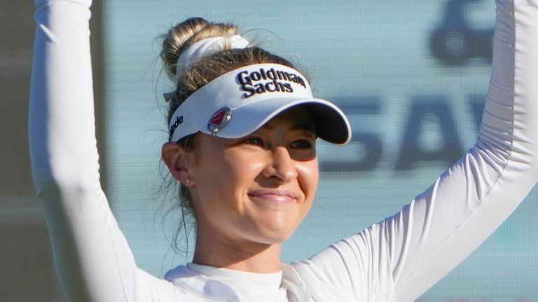 Nelly Korda reacts as she is announced as the winner of the of the Mizuho Americas Open golf tournament, Sunday, May 19, 2024, in Jersey City, N.J. (AP Photo/Seth Wenig)