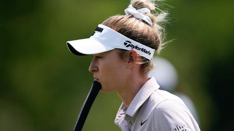 Nelly Korda measures her putt on the second green during the first round of the U.S. Women's Open golf tournament at Lancaster Country Club, Thursday, May 30, 2024, in Lancaster, Pa. (AP Photo/Matt Rourke)