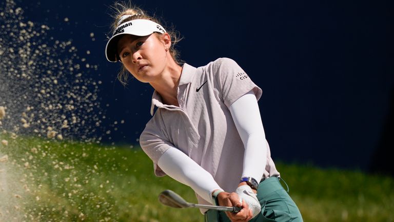 Nelly Korda chips from a bunker to the 17th green during the first round of the U.S. Women's Open golf tournament at Lancaster Country Club, Thursday, May 30, 2024, in Lancaster, Pa. (AP Photo/Matt Slocum)