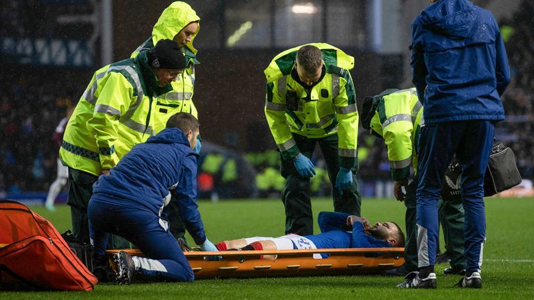 Rangers' Nicolas Raskin is stretchered off with an injury in October 