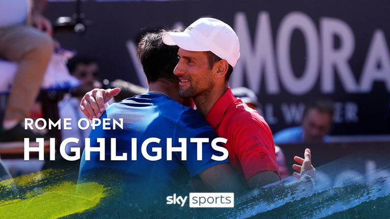Serbia&#39;s Novak Djokovic, right, hugs Chile&#39;s Alejandro Tabilo after their match at the Italian Open tennis tournament in Rome, Sunday, May 12, 2024. (AP Photo/Alessandra Tarantino)