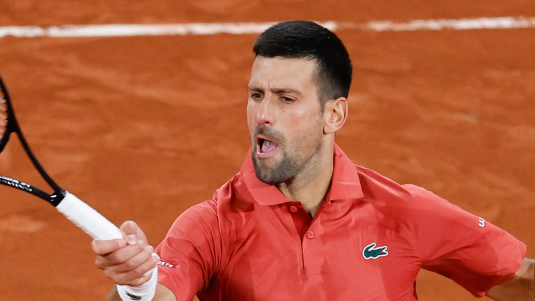 Serbia's Novak Djokovic plays a shot against Spain's Roberto Carballes Baena during their second round match of the French Open tennis tournament at the Roland Garros stadium in Paris, Thursday, May 30, 2024. (AP Photo/Jean-Francois Badias)