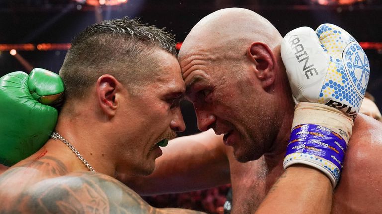 Oleksandr Usyk and Tyson Fury embrace after the final bell (pic: Queensberry)