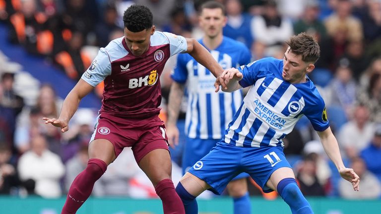 Aston Villa's Ollie Watkins and Brighton's Billy Gilmour compete for possession