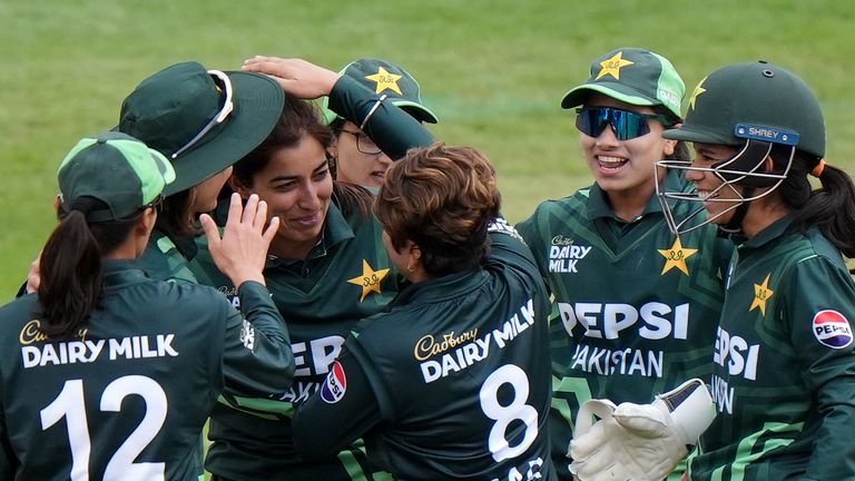 Pakistan celebrate a wicket during the first ODI against England in Derby