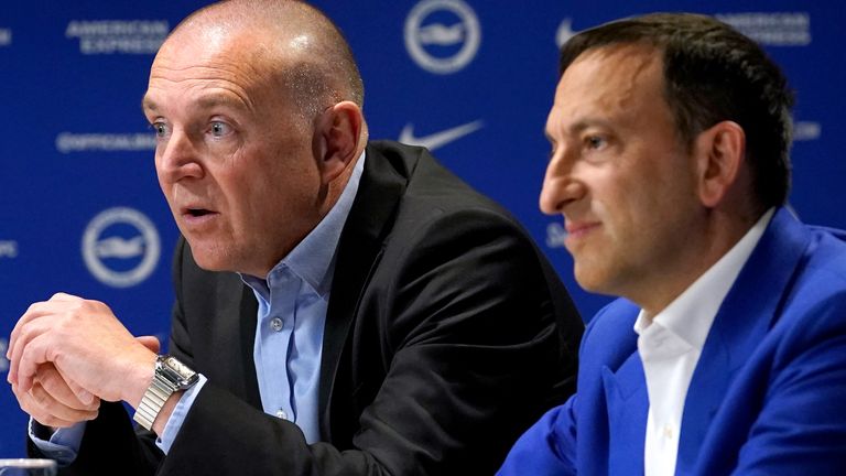 Brighton and Hove Albion CEO and Deputy Chairman Paul Barber (left) and Brighton and Hove Albion owner and chairman Tony Bloom during the press conference at the American Express Elite Football Performance Centre, Brighton. Picture date: Tuesday September 20, 2022.