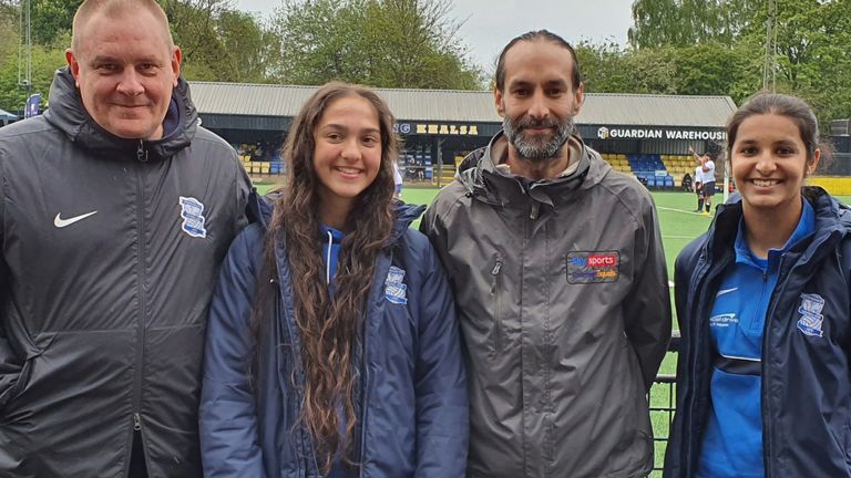 Birmingham City's Paul Cowie is joined by Sky Sports News' Dev Trehan and academy youngsters Layla Banaras and Riya Mannu at Sporting Khalsa