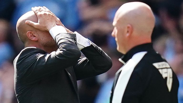 Pep Guardiola reacts during the FA Cup final vs Man Utd