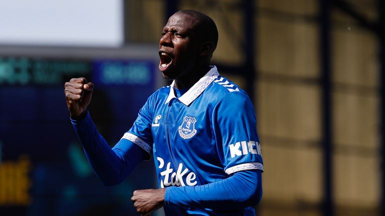 Abdoulaye Doucoure celebrates after scoring the decisive goal in Everton's win over Sheffield United