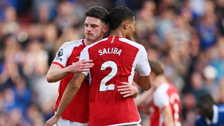 Declan Rice is consoled by team-mate William Saliba