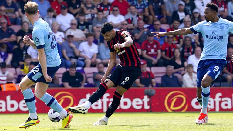 Dominic Solanke fires the ball into Brentford's net only for his effort to be ruled out by VAR