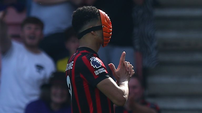 Dominic Solanke dons a mask to celebrate after scoring against Brentford