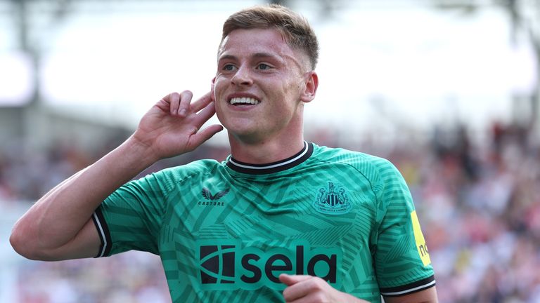 Harvey Barnes celebrates after heading Newcastle in front at Brentford