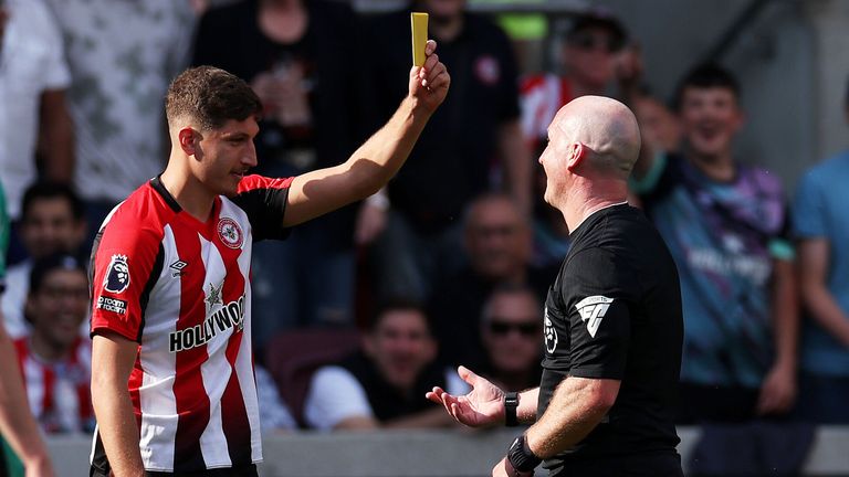 Brentford goalscorer Vitaly Janelt shows the referee a yellow card