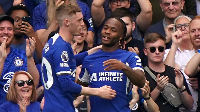 Raheem Sterling is congratulated after scoring Chelsea's second goal against Bournemouth