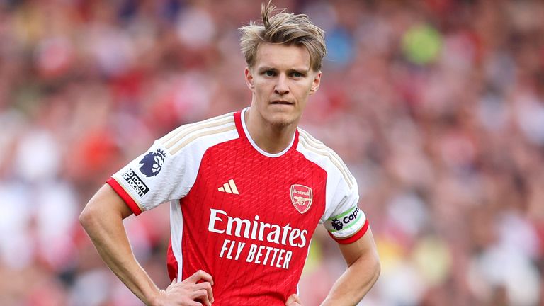 Martin Odegaard shows concern during Arsenal's Premier League clash with Everton