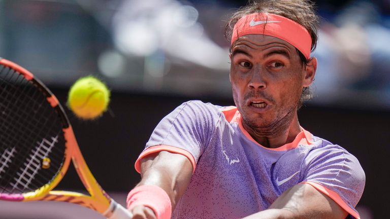 Spain's Rafael Nadal returns the ball to Belgium's Zizou Bergs at the Italian Open tennis tournament, in Rome, Thursday, May 9, 2024. (AP Photo/Alessandra Tarantino)