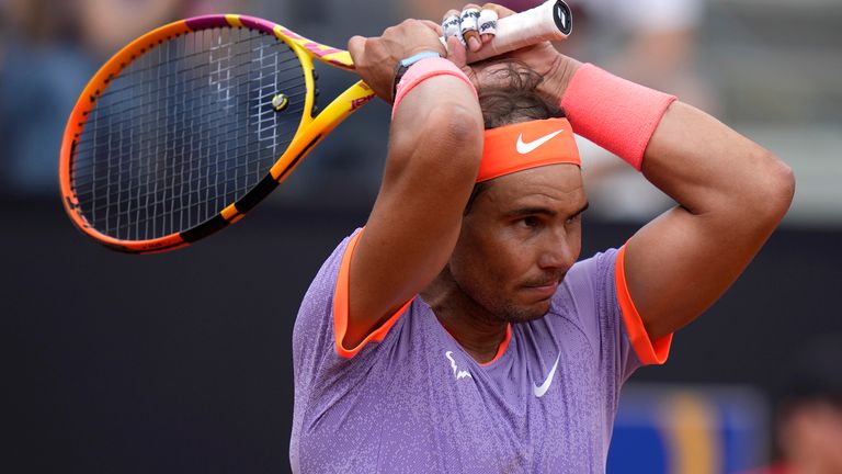 Spain's Rafael Nadal reacts after losing a point during his match against Belgium's Zizou Bergs at the Italian Open tennis tournament, in Rome, Thursday, May 9, 2024. (AP Photo/Alessandra Tarantino)
