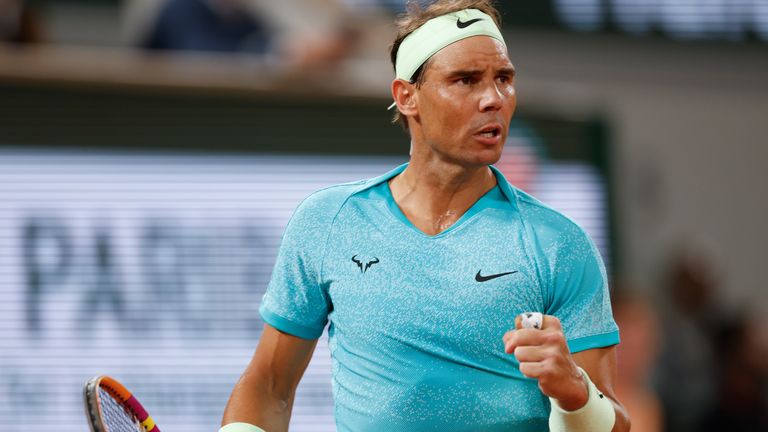 Spain's Rafael Nadal clenches his fist after scoring a point against Germany's Alexander Zverev during their first round match of the French Open tennis tournament at the Roland Garros stadium in Paris, Monday, May 27, 2024. (AP Photo/Jean-Francois Badias)